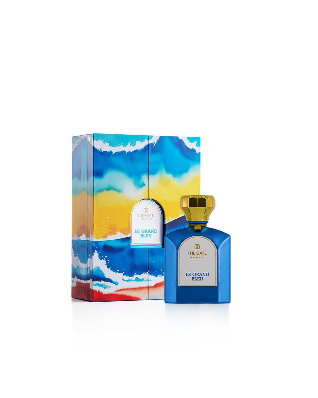 The Gate Le Grand Bleu Extrait de Parfum 100 ml – blauer Flakon neben Geschenkbox mit blau-gelbem Aquarellmuster