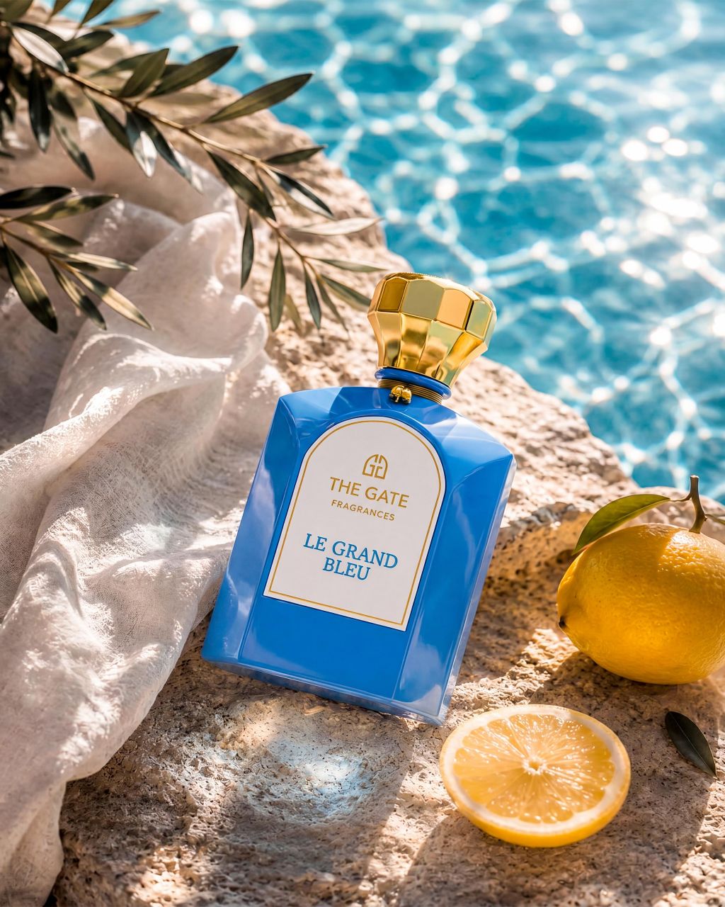 The Gate Le Grand Bleu Extrait de Parfum 100 ml – blauer Flakon auf Steinmauer am Pool mit Zitronen und Olivenzweig