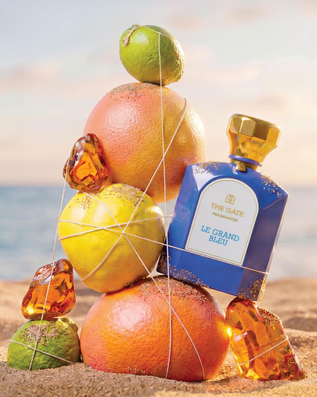 The Gate Le Grand Bleu Extrait de Parfum 100 ml – blauer Flakon an gestapelten Zitrusfrüchten und Bernstein am Sandstrand
