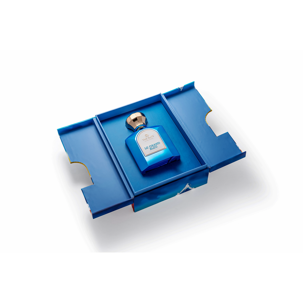 The Gate Le Grand Bleu Extrait de Parfum 100 ml – geöffnete blaue Präsentationsbox mit blauem Flakon