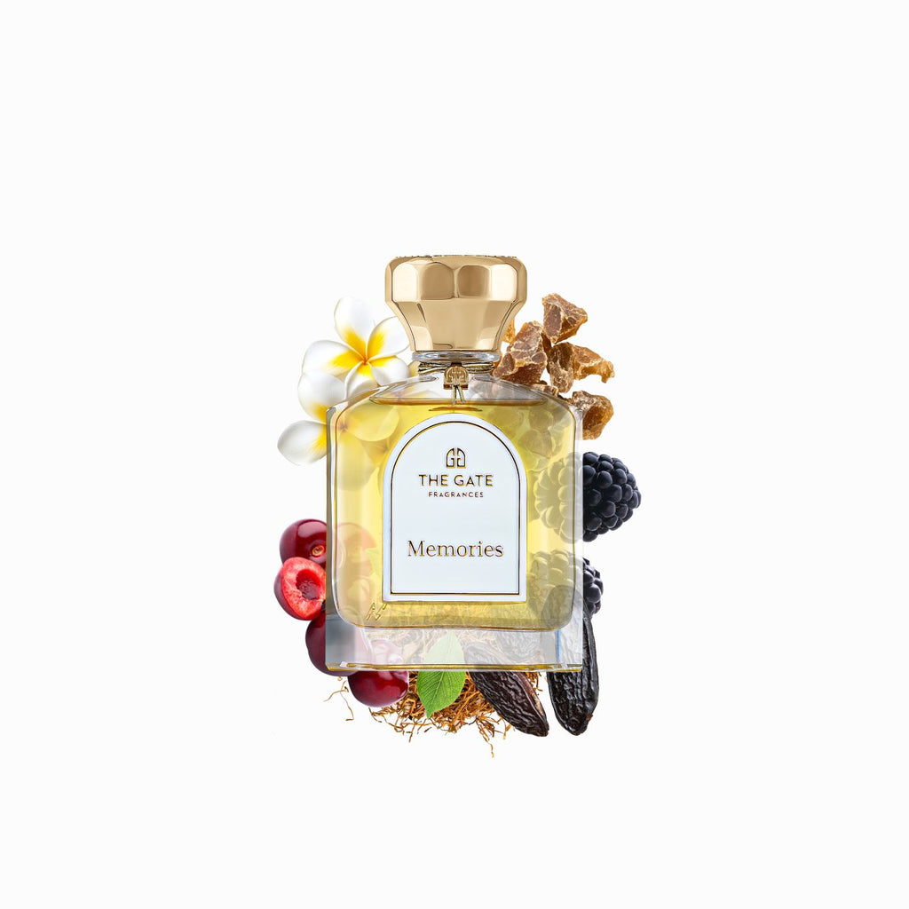 The Gate Memories Extrait de Parfum 100 ml – hellgoldener Flakon vor Duftnoten Kirsche, Brombeere, Tonka, Frangipani und Tabak