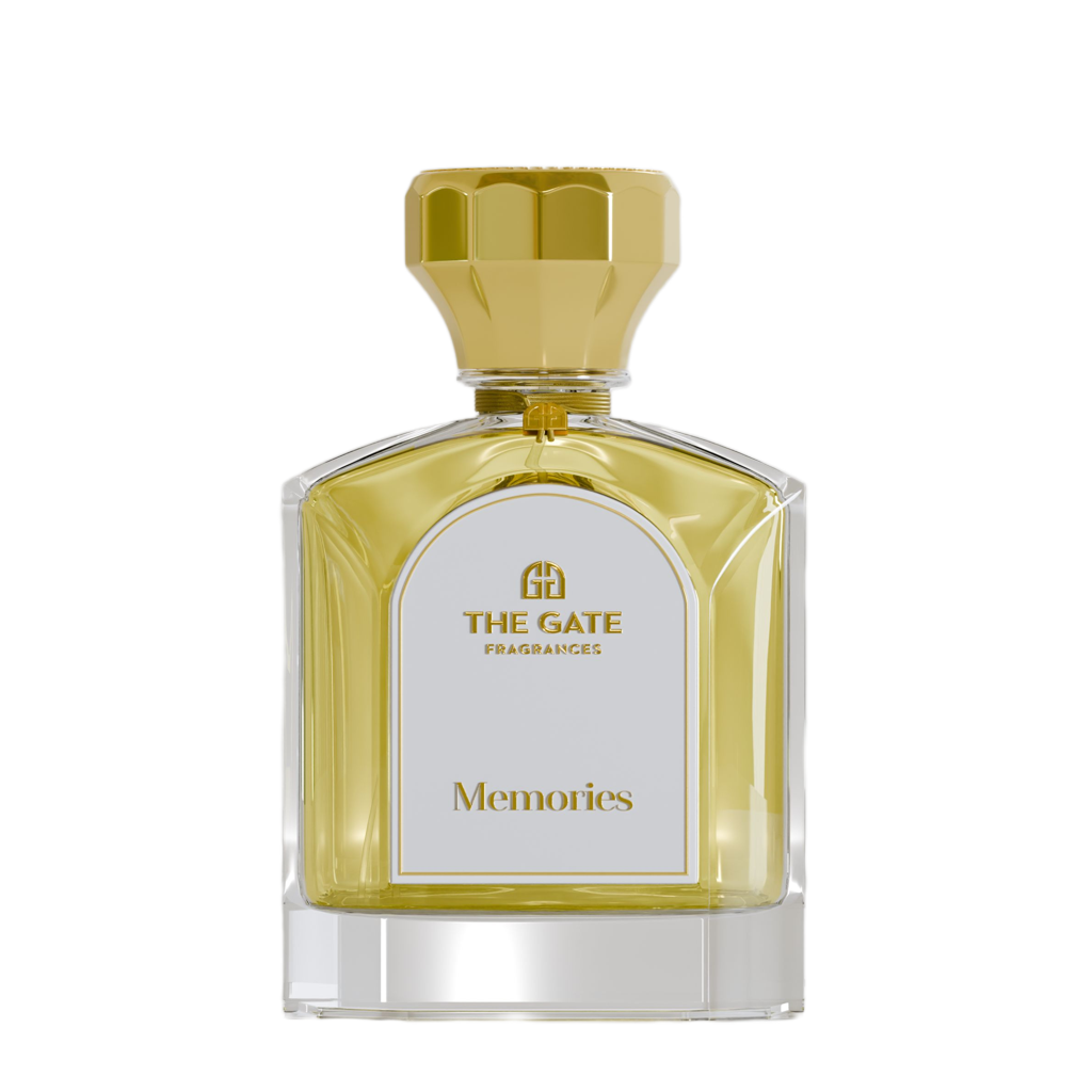 The Gate Memories Extrait de Parfum 100 ml – hellgoldener Flakon mit goldener Kappe und weissem Etikett, freigestellt auf Weiss