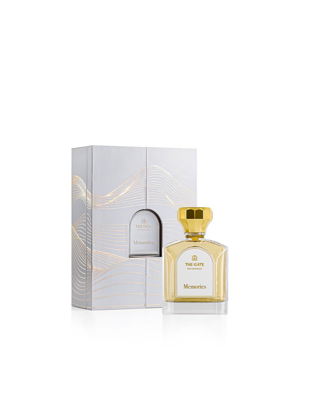 The Gate Memories Extrait de Parfum 100 ml – hellgoldener Flakon neben silberner Geschenkbox mit goldenen Wellenlinien
