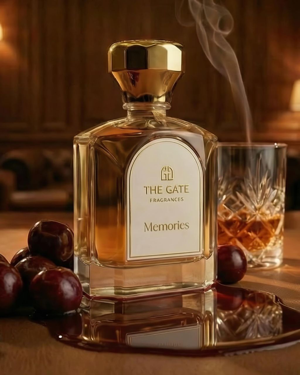 The Gate Memories Extrait de Parfum 100 ml – hellgoldener Flakon mit dunklen Kirschen und rauchendem Whiskyglas