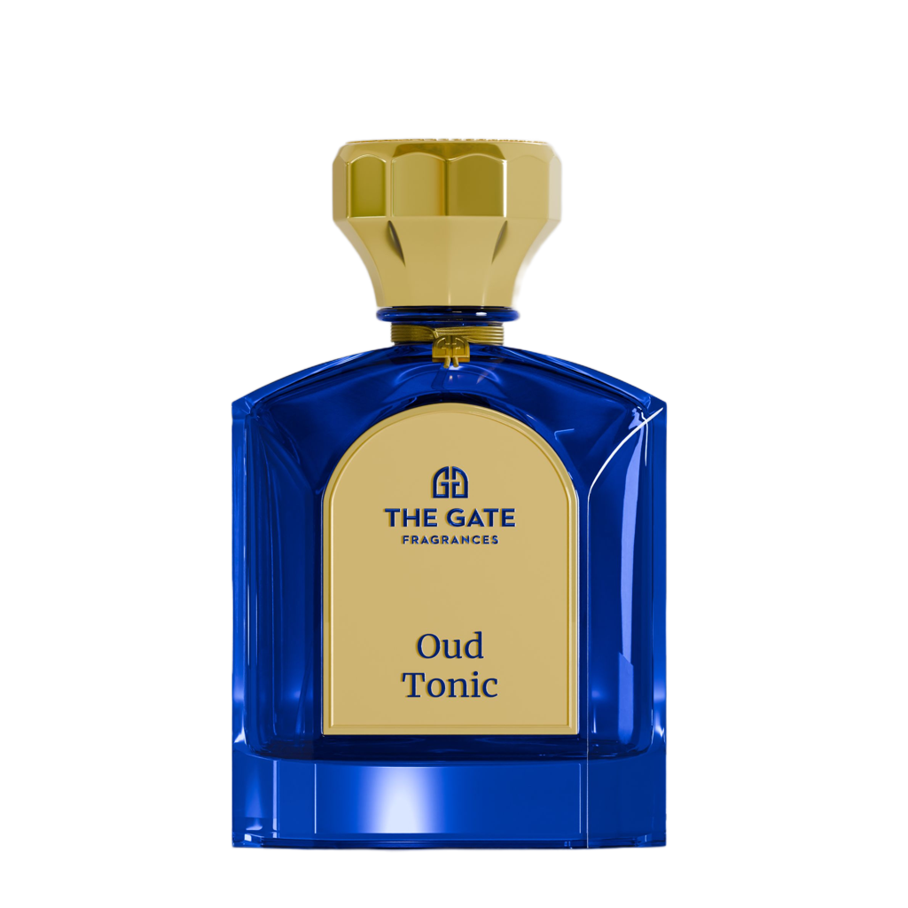 The Gate Oud Tonic Extrait de Parfum 100 ml – blauer Flakon mit goldenem Etikett und blauer Schrift auf weissem Hintergrund