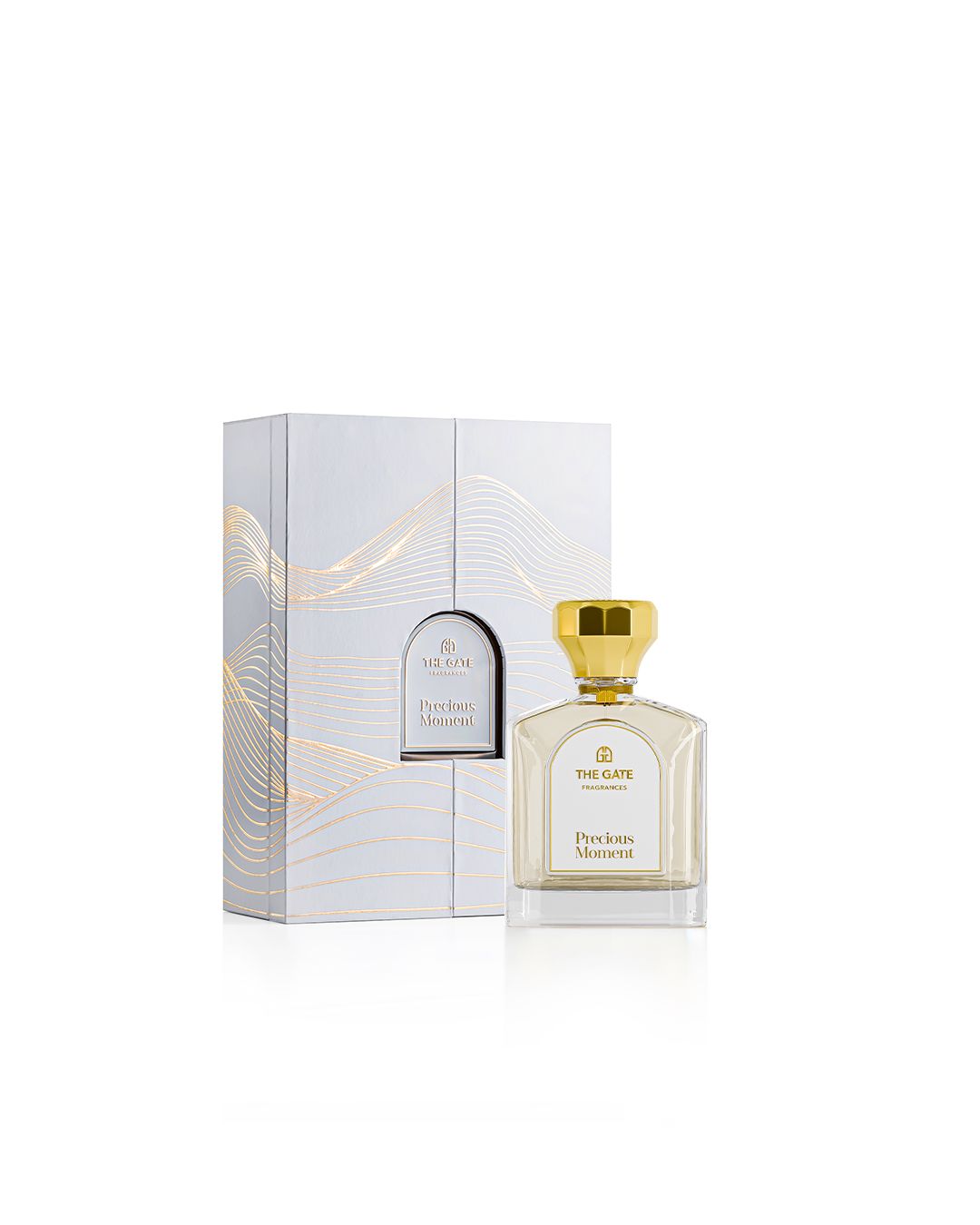 The Gate Precious Moment Extrait de Parfum 100 ml – hellgoldener Flakon neben silberner Geschenkbox mit goldenen Wellenlinien
