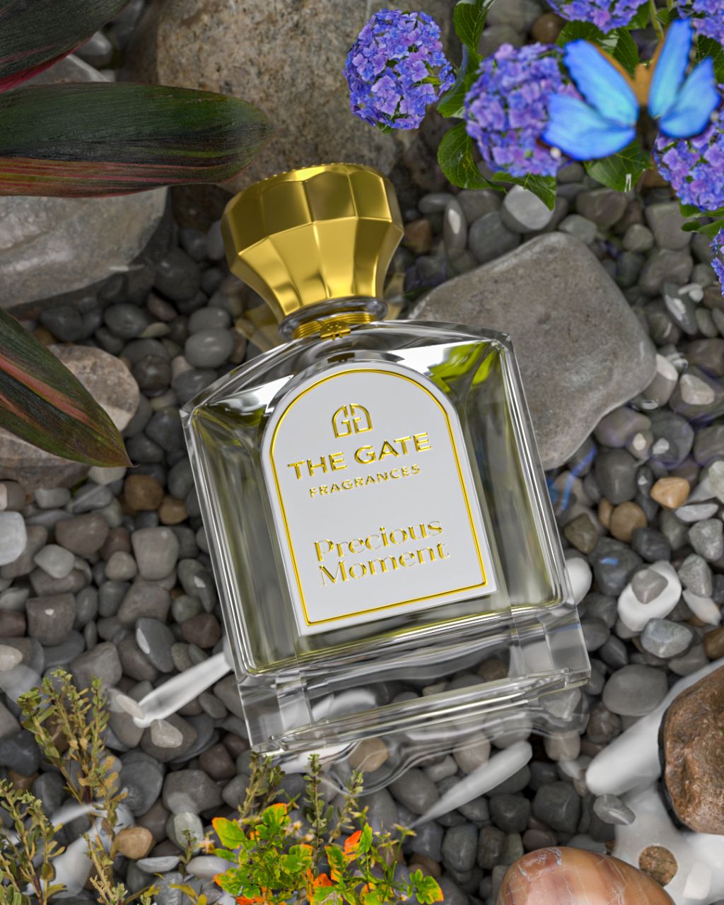 The Gate Precious Moment Extrait de Parfum 100 ml – Flakon liegend auf grauen Kieselsteinen mit Hortensien und blauem Schmetterling