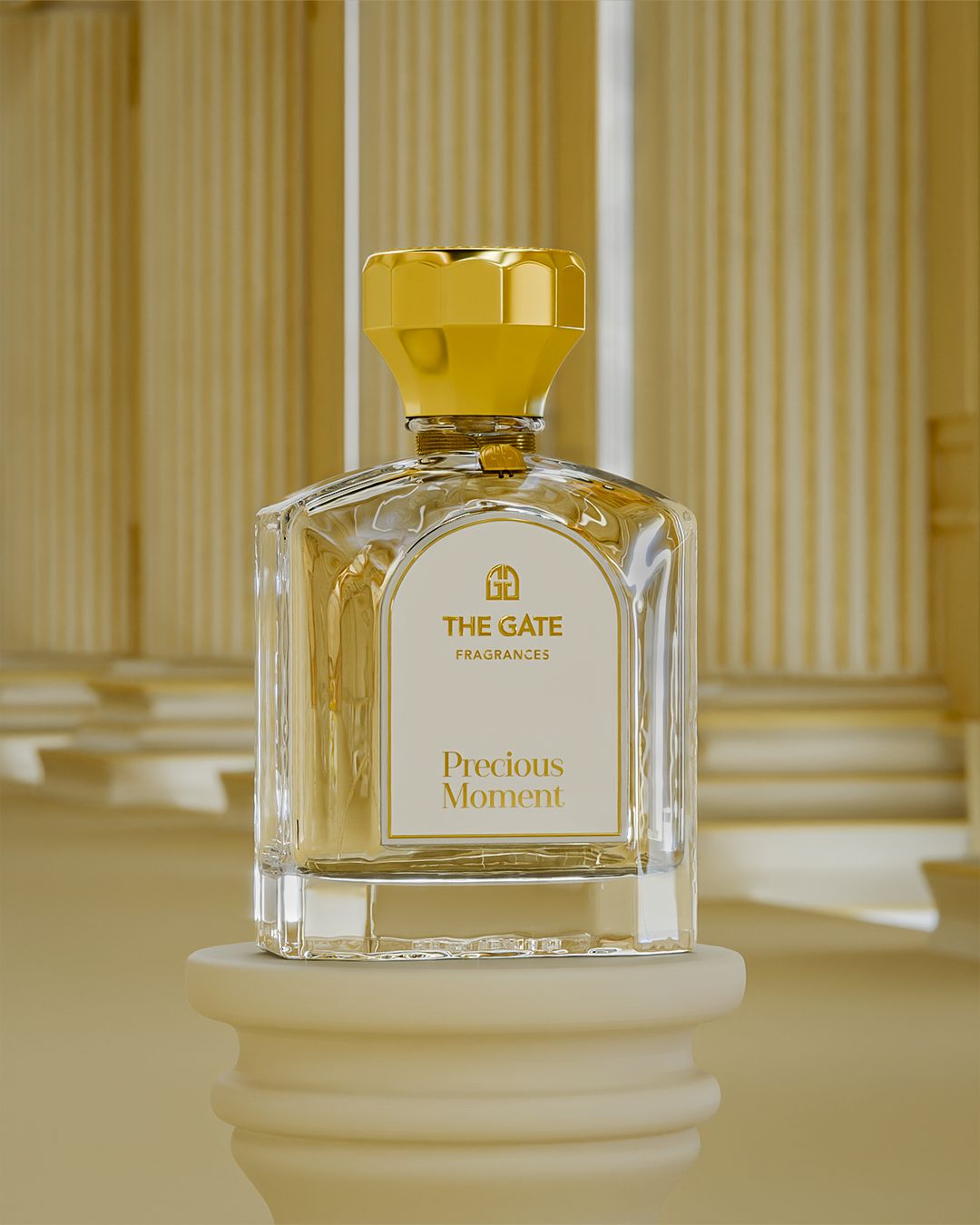 The Gate Precious Moment Extrait de Parfum 100 ml – hellgoldener Flakon auf Sockel in heller Säulenhalle