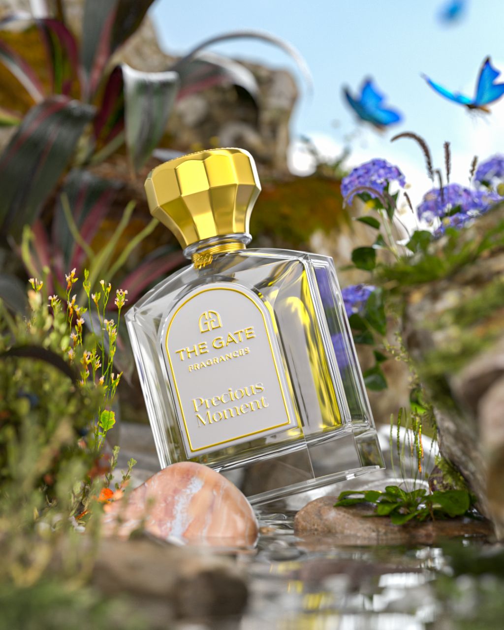 The Gate Precious Moment Extrait de Parfum 100 ml – Flakon mit goldener Kappe am Wasser mit blauen Schmetterlingen und lila Blüten
