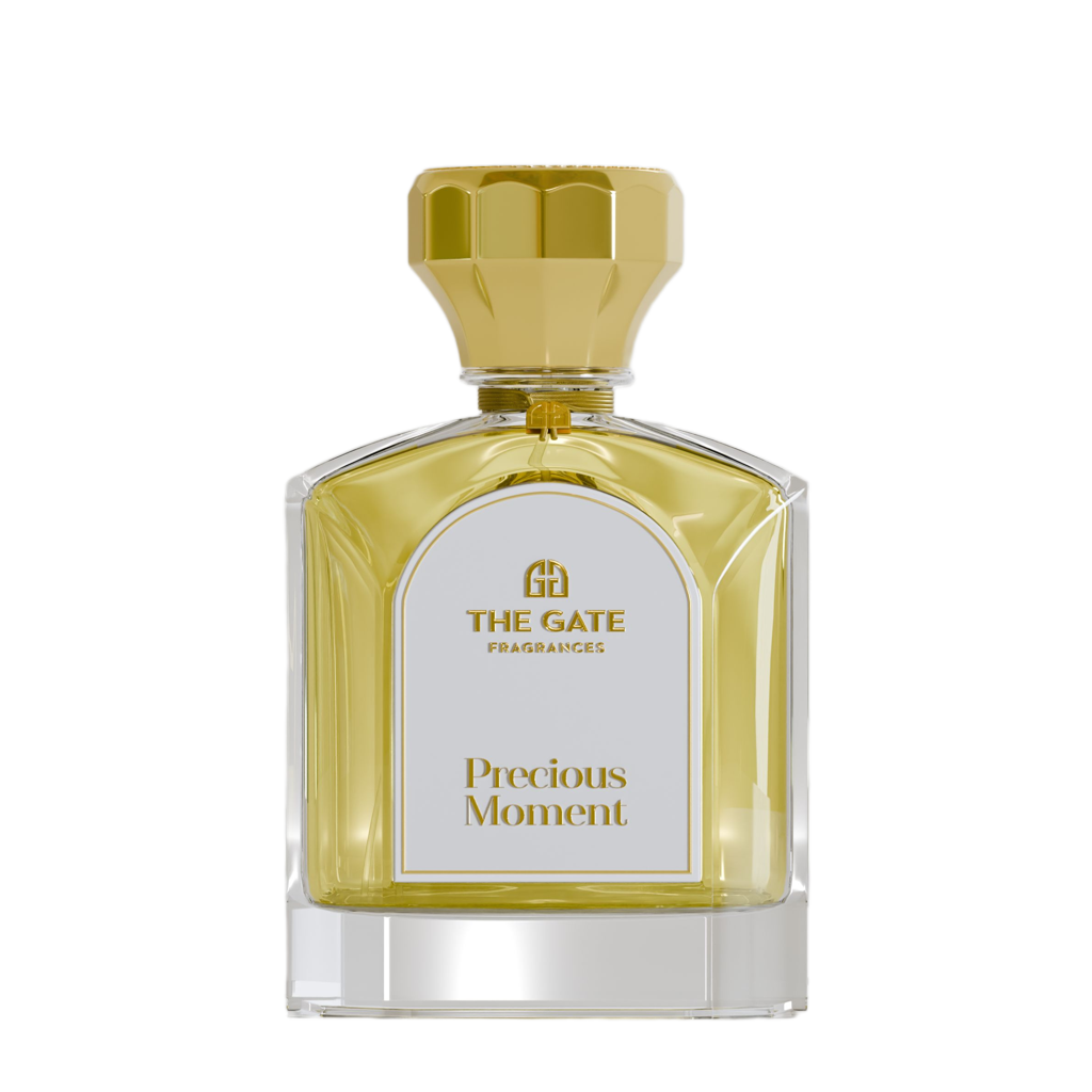 The Gate Precious Moment Extrait de Parfum 100 ml – hellgoldener Flakon mit goldener Kappe und cremefarbenem Etikett auf weissem Hintergrund