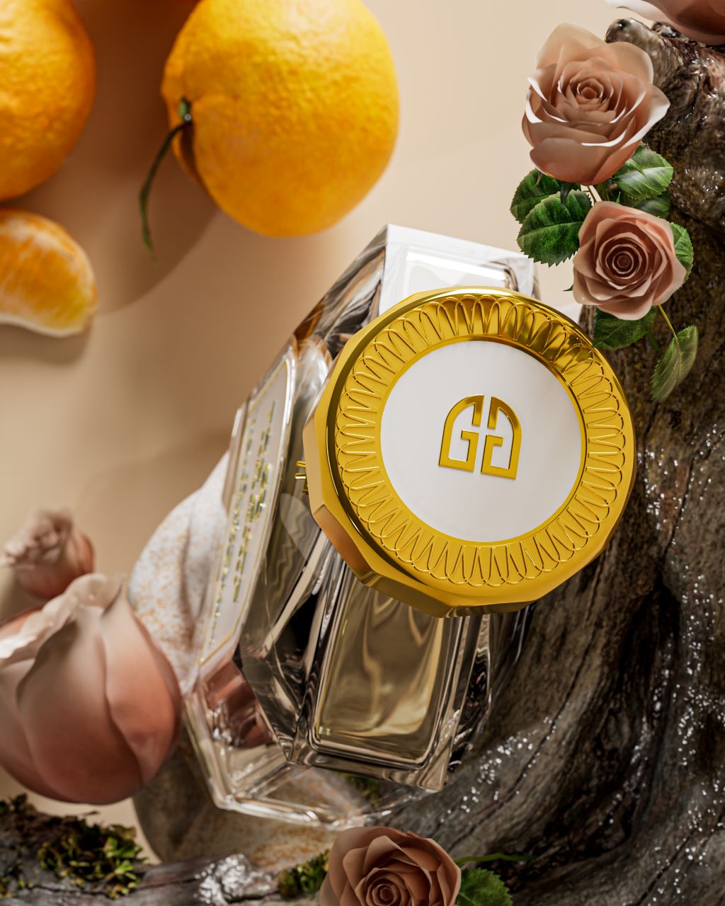 The Gate Precious Moment Extrait de Parfum 100 ml – goldene Kappe mit Logo von oben zwischen Orangen und Rosen auf Holz