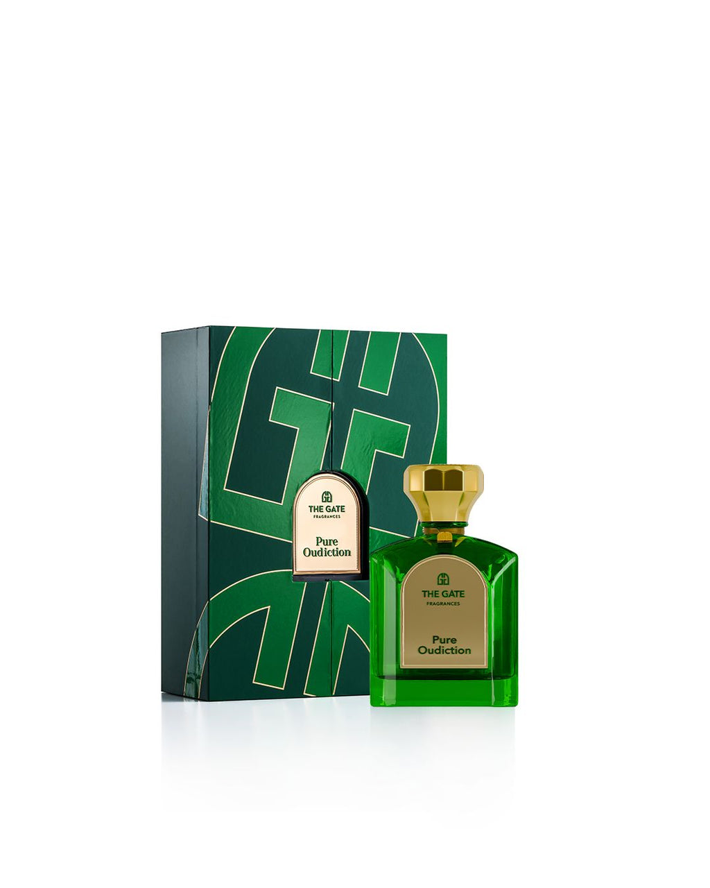 The Gate Pure Oudiction Extrait de Parfum 100 ml – grüner Flakon neben grüner Geschenkbox mit Logomuster