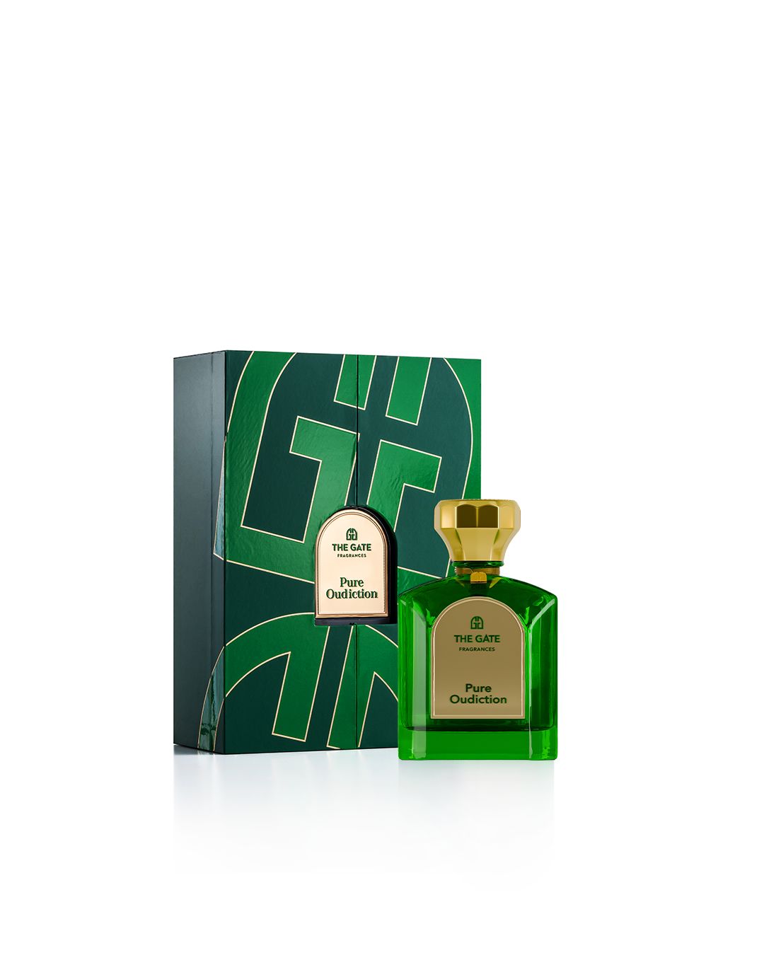 The Gate Pure Oudiction Extrait de Parfum 100 ml – grüner Flakon neben grüner Geschenkbox mit Logomuster