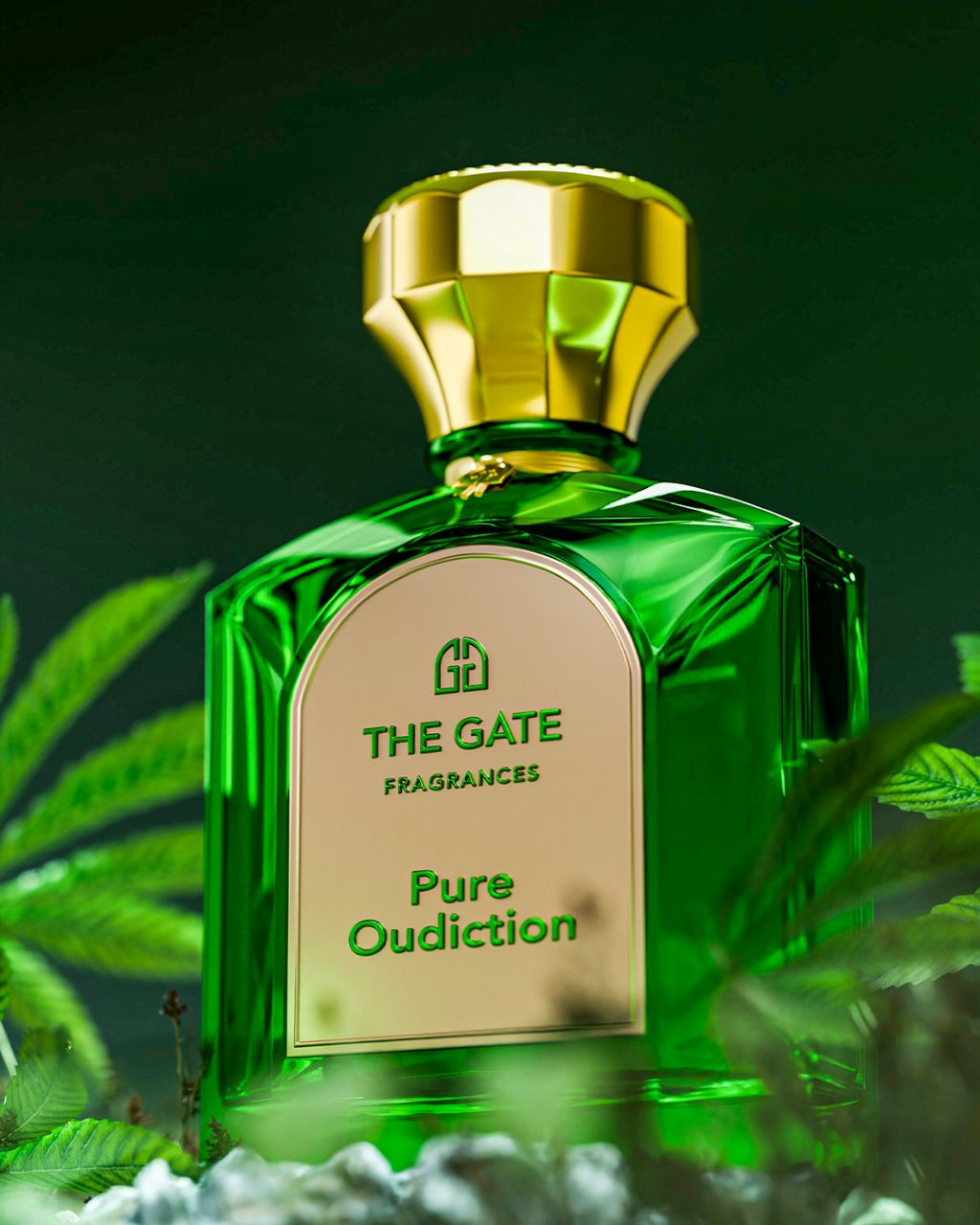 The Gate Pure Oudiction Extrait de Parfum 100 ml – grüner Flakon in Nahaufnahme mit Hanfblättern vor dunkelgrünem Hintergrund