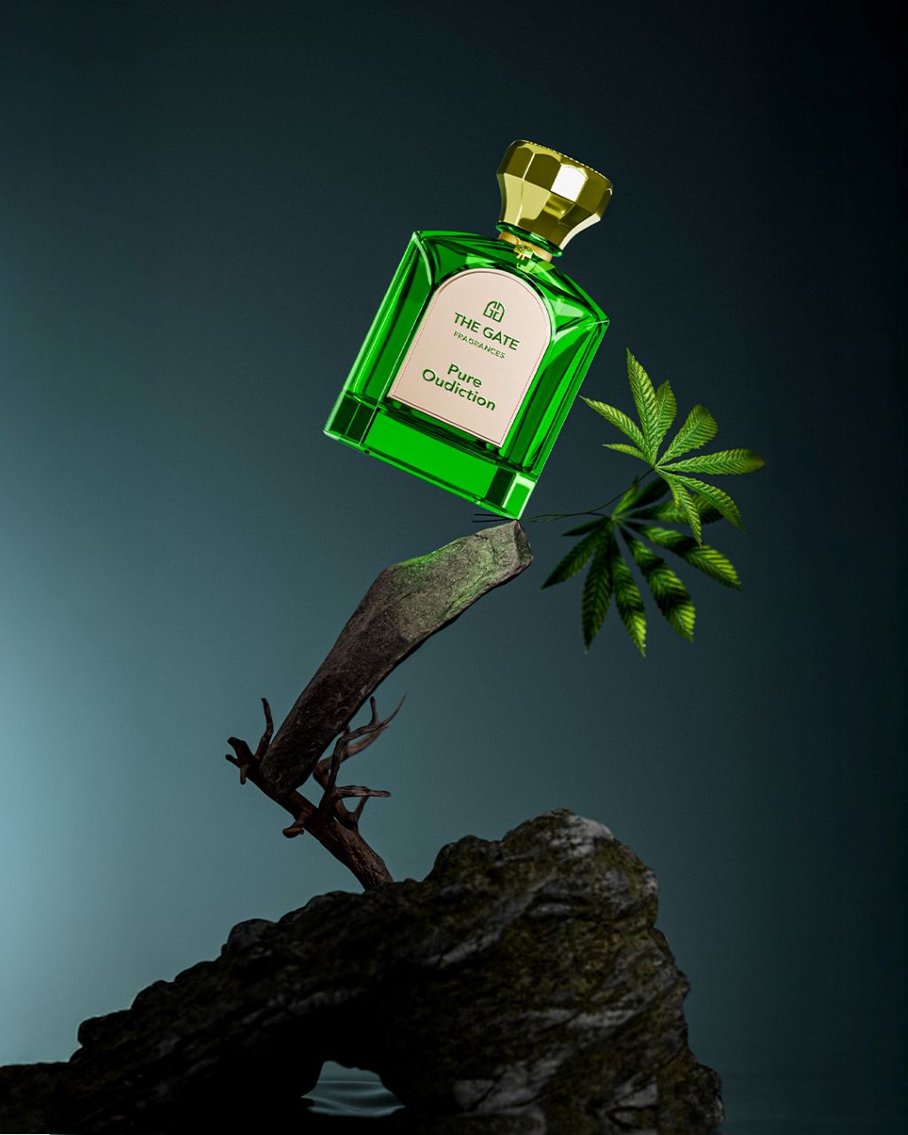The Gate Pure Oudiction Extrait de Parfum 100 ml – grüner Flakon schwebend über Felsen mit Ast und Hanfblatt