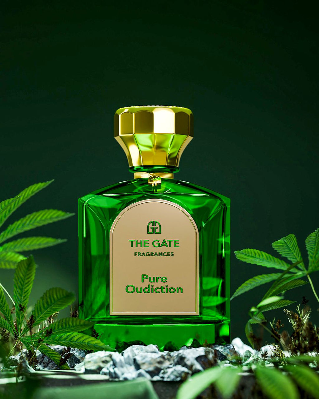 The Gate Pure Oudiction Extrait de Parfum 100 ml – grüner Flakon auf hellen Steinen zwischen Hanfblättern vor dunkelgrünem Hintergrund