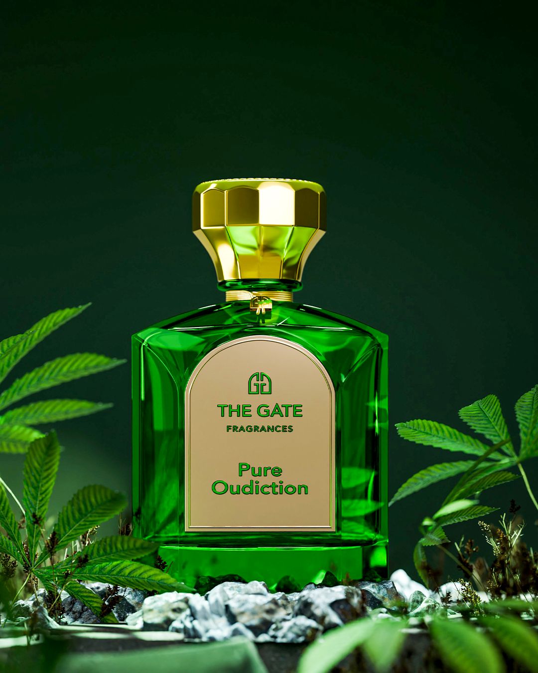 The Gate Pure Oudiction Extrait de Parfum 100 ml – grüner Flakon auf hellen Steinen zwischen Hanfblättern vor dunkelgrünem Hintergrund