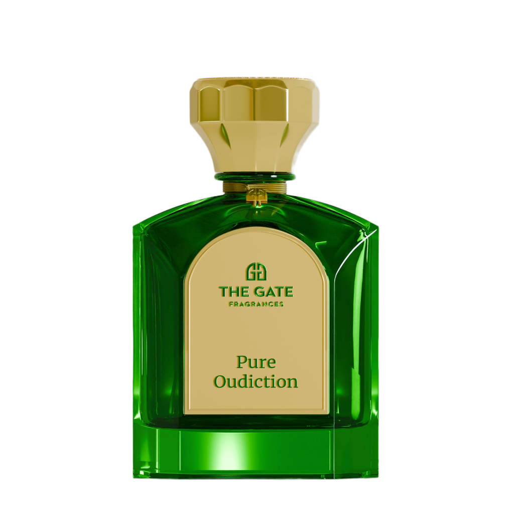 The Gate Pure Oudiction Extrait de Parfum 100 ml – grüner Flakon mit goldenem Etikett und grüner Schrift auf weissem Hintergrund