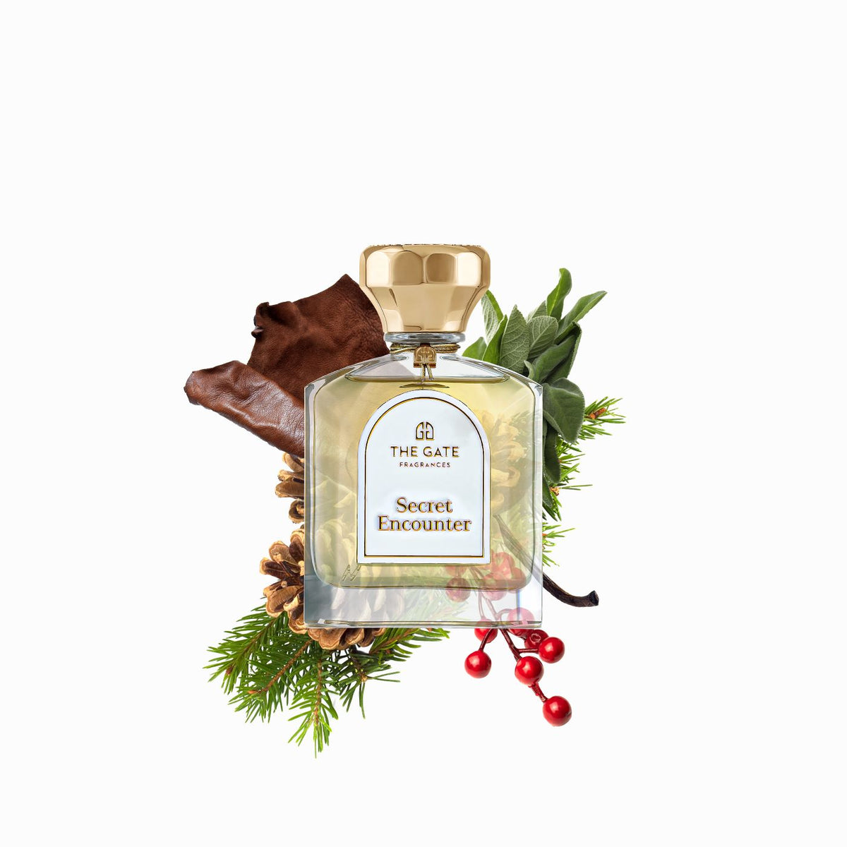 The Gate Secret Encounter Extrait de Parfum 100 ml – hellgoldener Flakon vor Duftnoten Leder, Tannenzweig, Salbei und roten Beeren