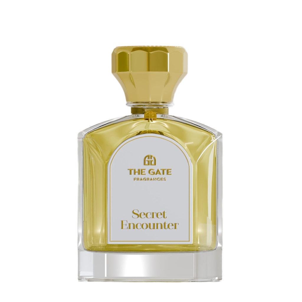 The Gate Secret Encounter Extrait de Parfum 100 ml – hellgoldener Flakon mit goldener Kappe und weissem Etikett, freigestellt auf Weiss