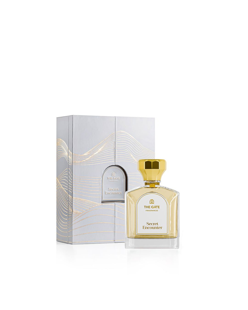 The Gate Secret Encounter Extrait de Parfum 100 ml – hellgoldener Flakon neben silberner Geschenkbox mit goldenen Wellenlinien