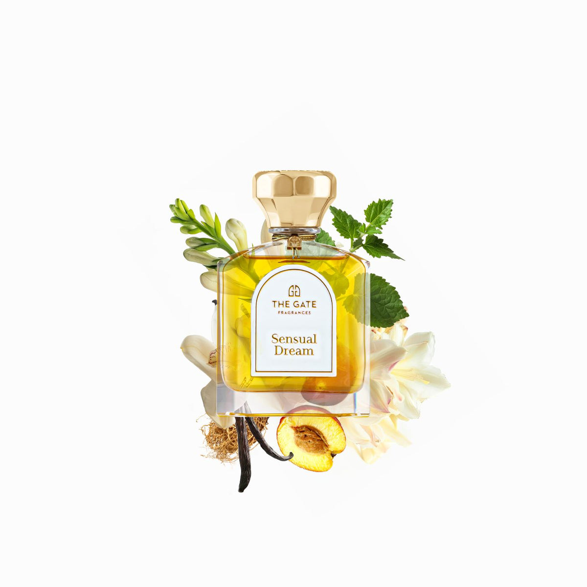 The Gate Sensual Dream Extrait de Parfum 100 ml – gelbgoldener Flakon vor Duftnoten Tuberose, Pfirsich, Vanille und Minze