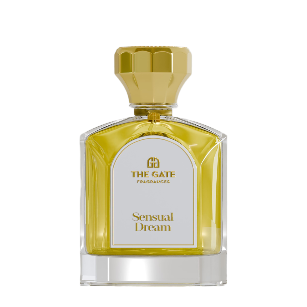 The Gate Sensual Dream Extrait de Parfum 100 ml – gelbgoldener Flakon mit goldener Kappe und weissem Etikett, freigestellt auf Weiss