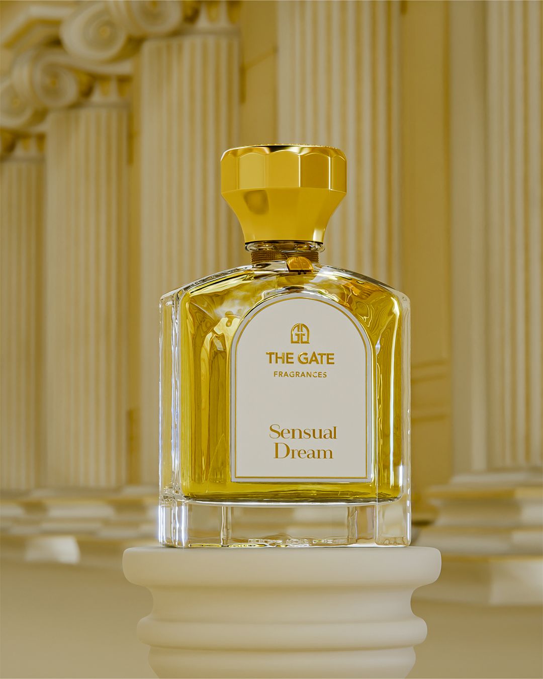 The Gate Sensual Dream Extrait de Parfum 100 ml – gelbgoldener Flakon auf Säule vor cremefarbenen Säulen