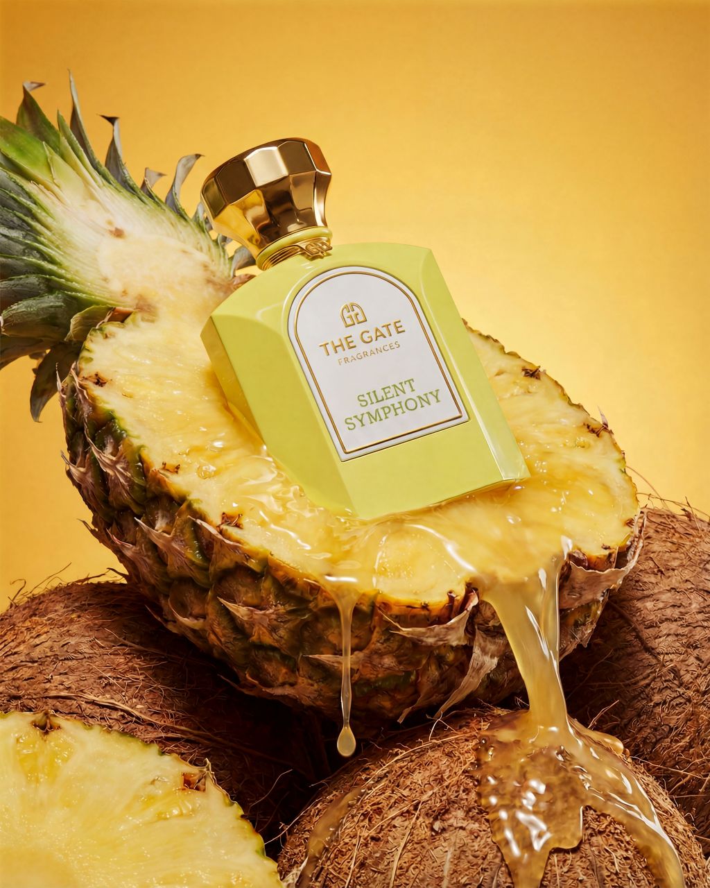 The Gate Silent Symphony Extrait de Parfum 100 ml – limettengrüner Flakon auf halbierter Ananas über Kokosnüssen