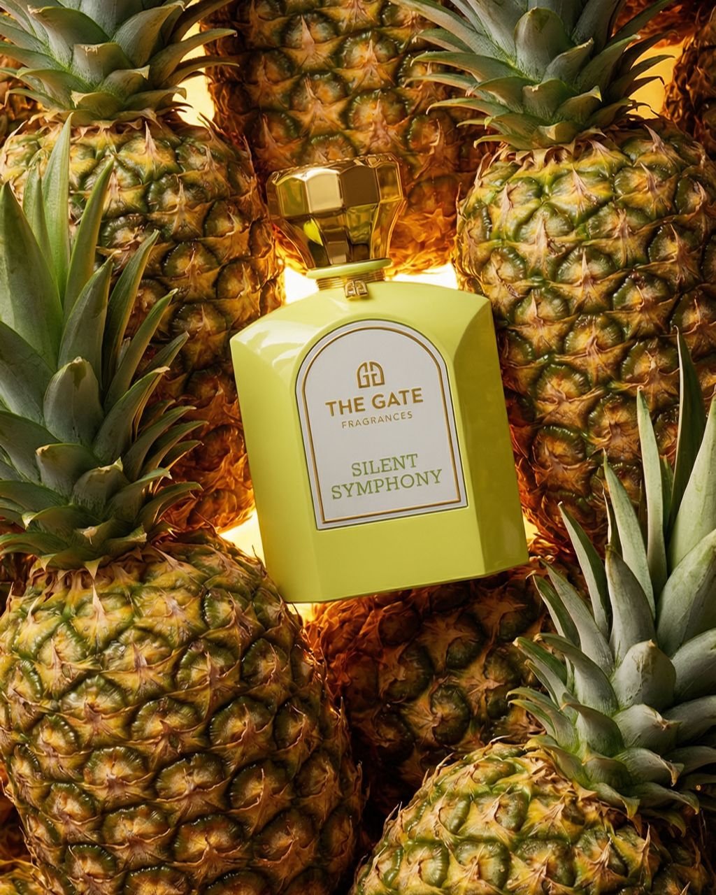 The Gate Silent Symphony Extrait de Parfum 100 ml – limettengrüner Flakon auf ganzen Ananasfrüchten