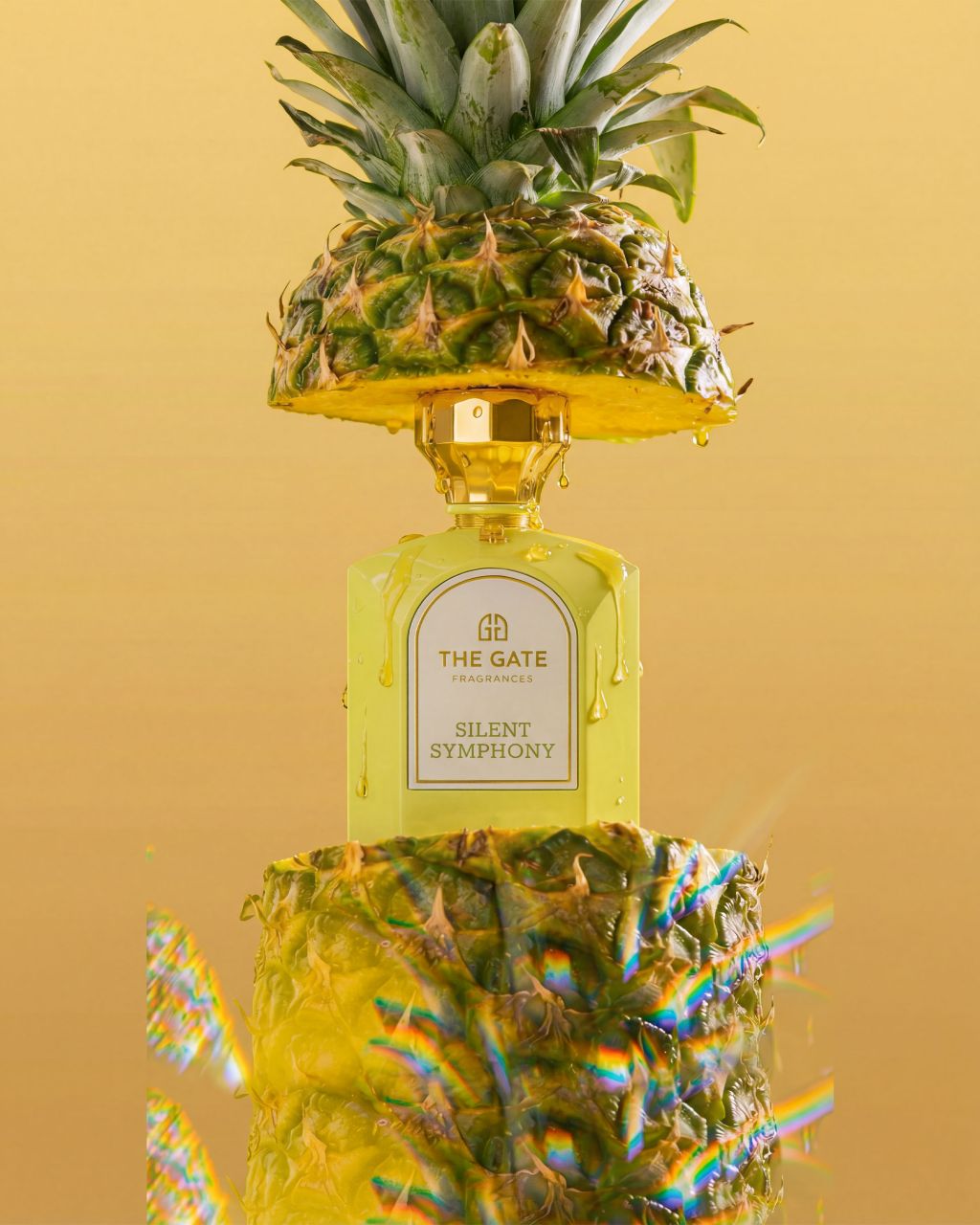 The Gate Silent Symphony Extrait de Parfum 100 ml – limettengrüner Flakon zwischen Ananashälften mit Regenbogenlicht