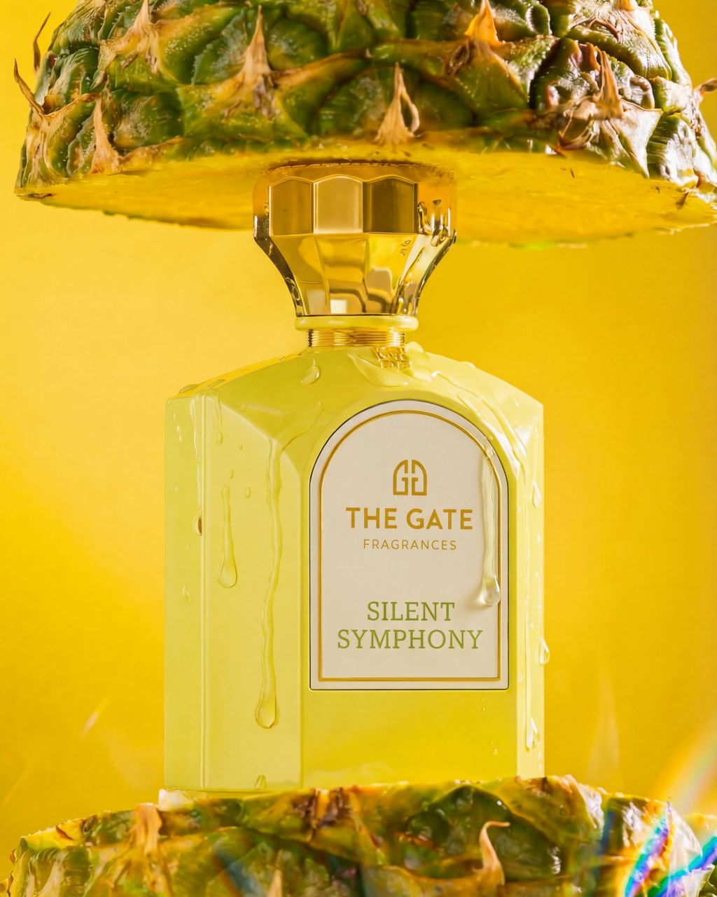 The Gate Silent Symphony Extrait de Parfum 100 ml – limettengrüner Flakon zwischen Ananasscheiben vor gelbem Hintergrund