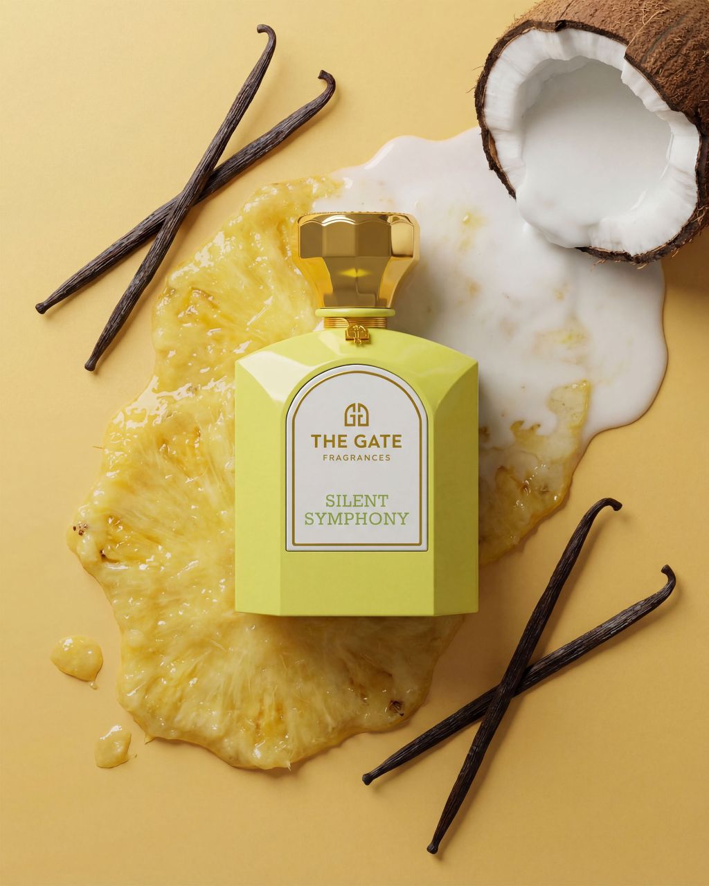 The Gate Silent Symphony Extrait de Parfum 100 ml – limettengrüner Flakon von oben mit Ananas, Kokosnuss und Vanilleschoten
