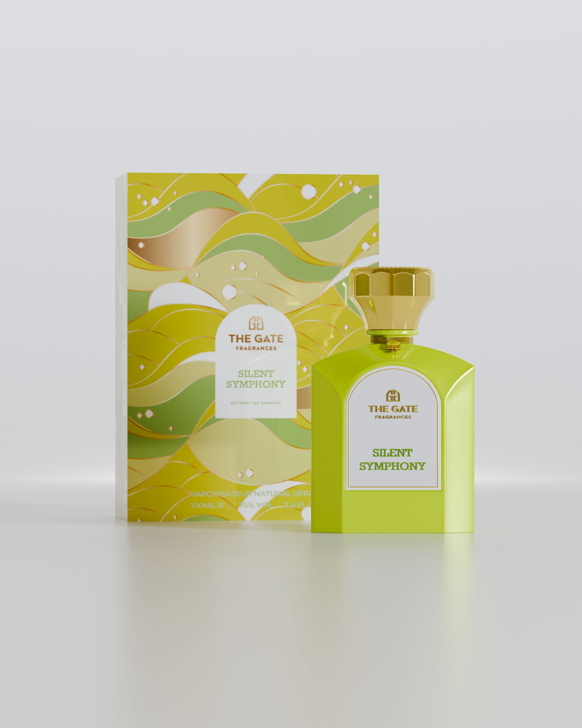 The Gate Silent Symphony Extrait de Parfum 100 ml – limettengrüner Flakon neben gelbgrüner Geschenkbox mit Wellenmuster