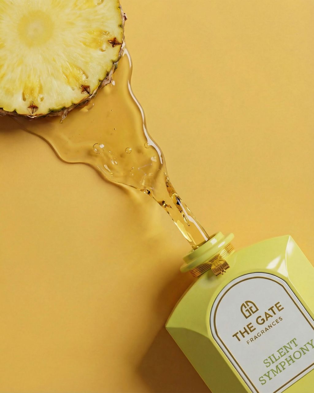The Gate Silent Symphony Extrait de Parfum 100 ml – liegender limettengrüner Flakon mit ausfliessendem Duft zur Ananasscheibe