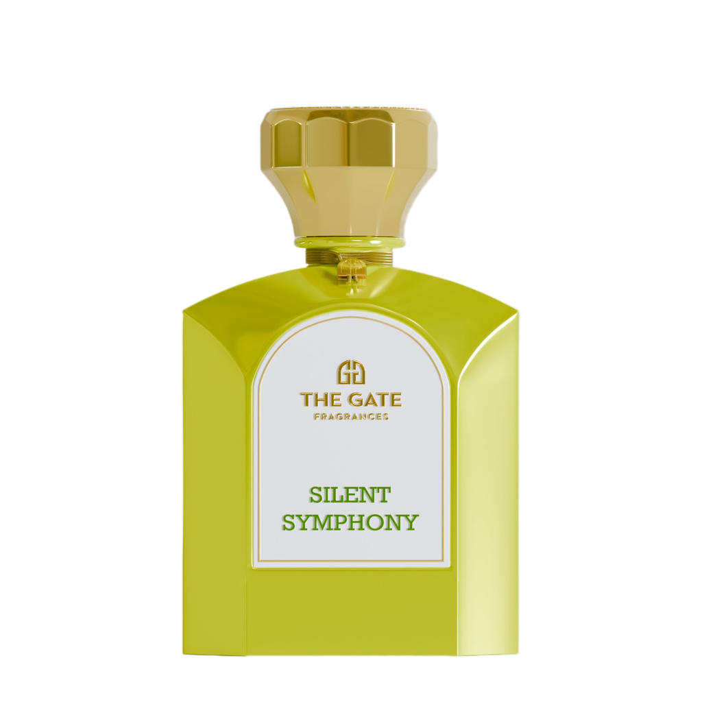 The Gate Silent Symphony Extrait de Parfum 100 ml – limettengrüner Flakon mit goldener Kappe und grüner Etikettschrift auf Weiss