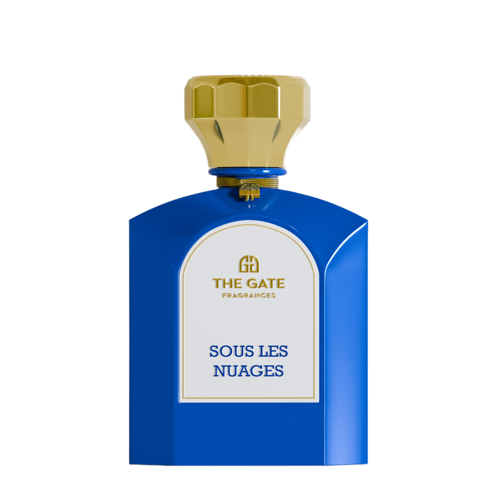 The Gate Sous Les Nuages Extrait de Parfum 100 ml – blauer Flakon mit goldener Kappe und weissem Etikett, freigestellt auf Weiss