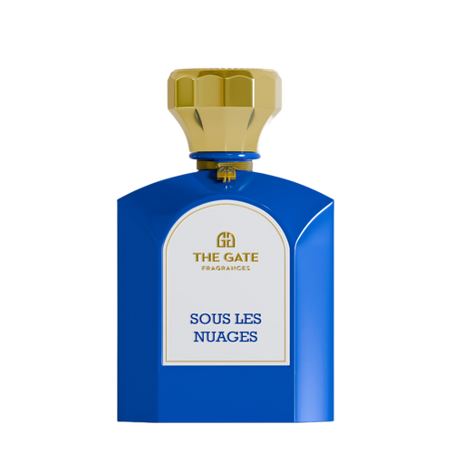 The Gate Sous Les Nuages Extrait de Parfum 100 ml – blauer Flakon mit goldener Kappe und weissem Etikett, freigestellt auf Weiss