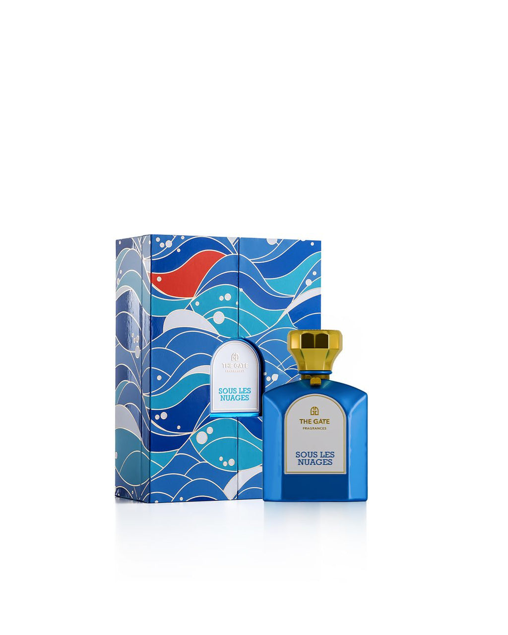 The Gate Sous Les Nuages Extrait de Parfum 100 ml – blauer Flakon neben Geschenkbox mit blau-türkisem Wellenmuster