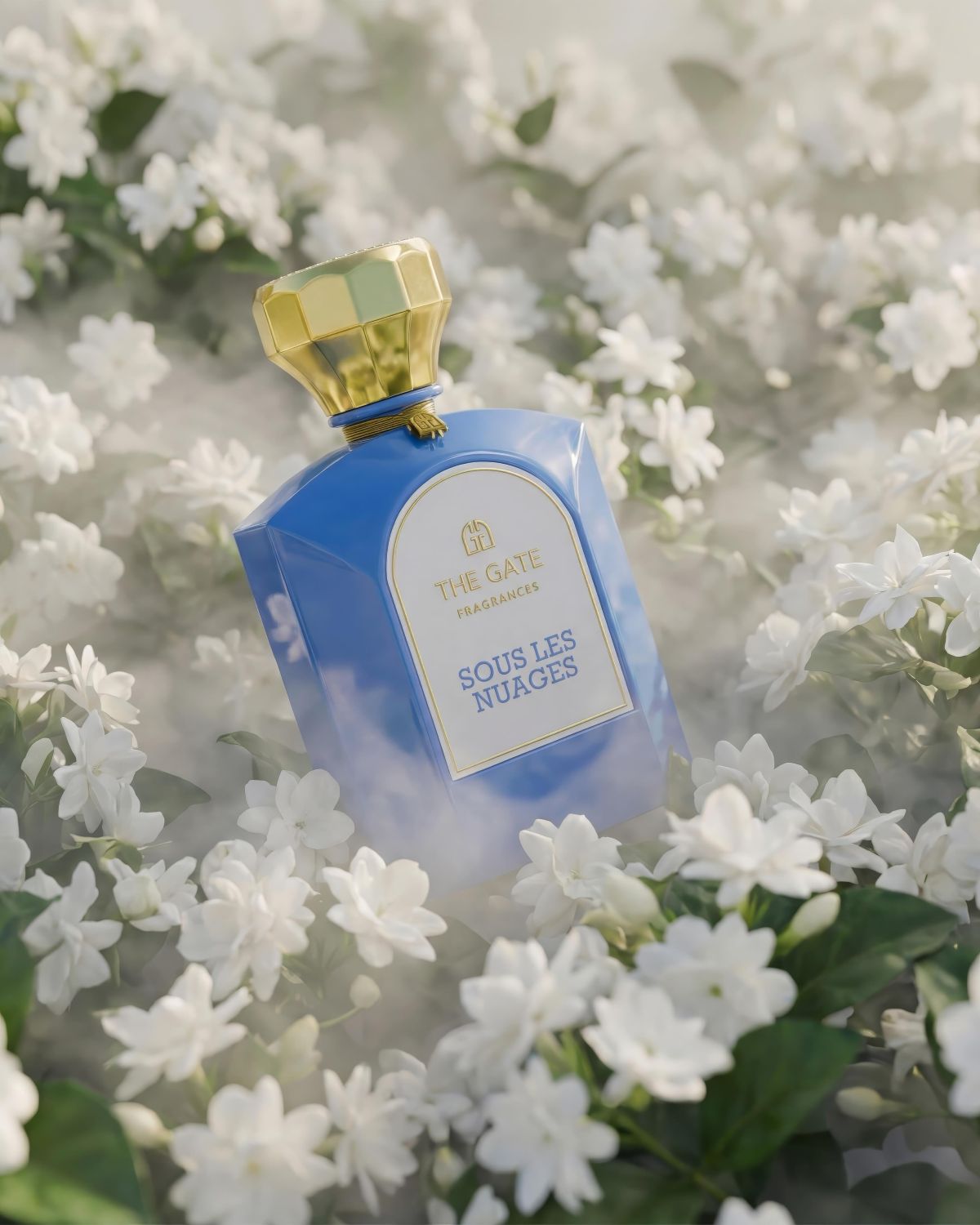 The Gate Sous Les Nuages Extrait de Parfum 100 ml – hellblauer Flakon zwischen weissen Jasminblüten im Nebel