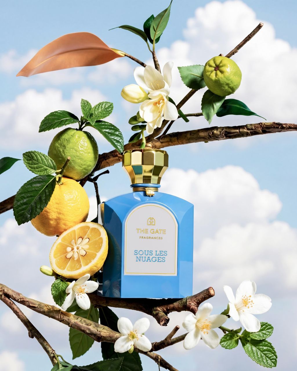 The Gate Sous Les Nuages Extrait de Parfum 100 ml – hellblauer Flakon auf Zweig mit Zitrusfrüchten und weissen Blüten vor Wolkenhimmel