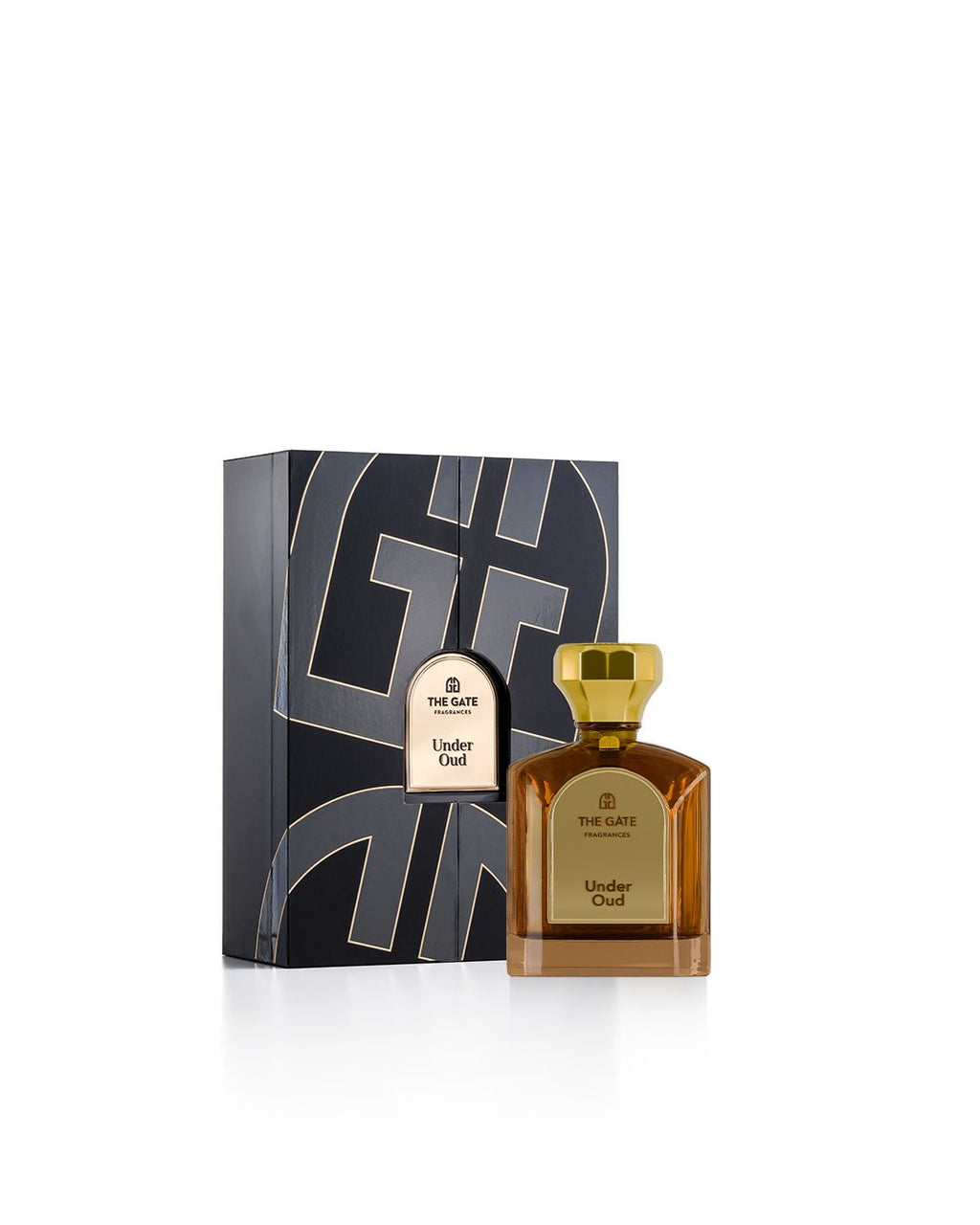 The Gate Under Oud Extrait de Parfum 100 ml – brauner Flakon neben schwarzer Geschenkbox mit goldenem Logomuster