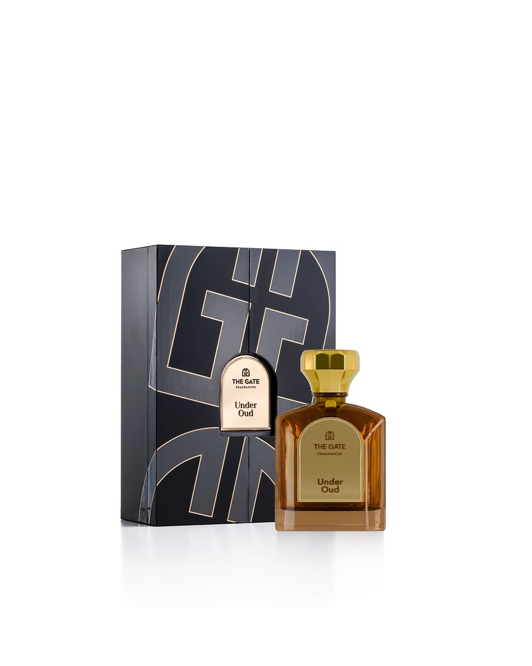 The Gate Under Oud Extrait de Parfum 100 ml – brauner Flakon neben schwarzer Geschenkbox mit goldenem Logomuster