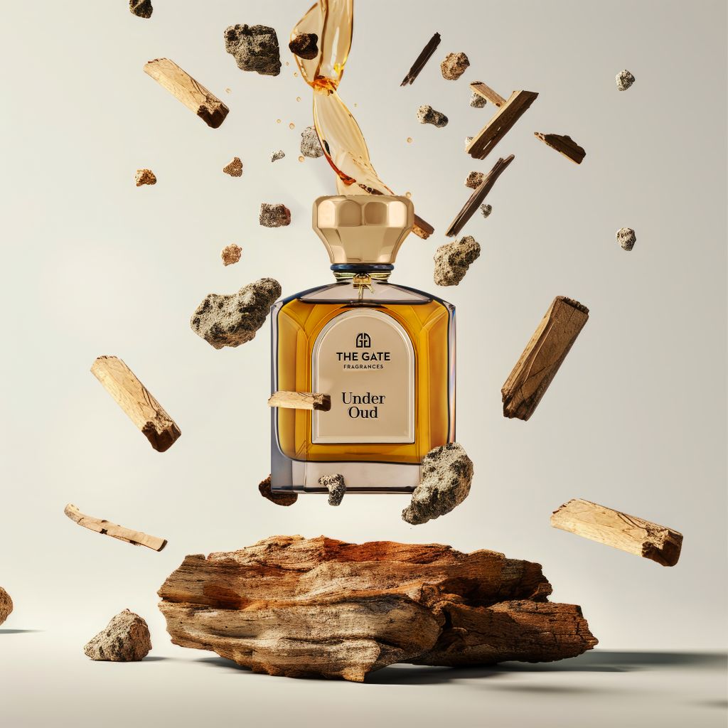 The Gate Under Oud Extrait de Parfum 100 ml – bernsteinbrauner Flakon schwebend mit fliegenden Holzstücken über Holzblock