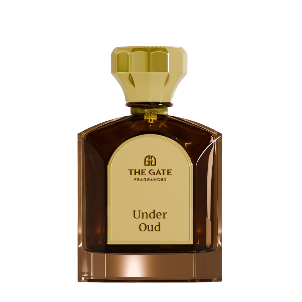 The Gate Under Oud Extrait de Parfum 100 ml – brauner Flakon mit goldenem Etikett und brauner Schrift auf weissem Hintergrund