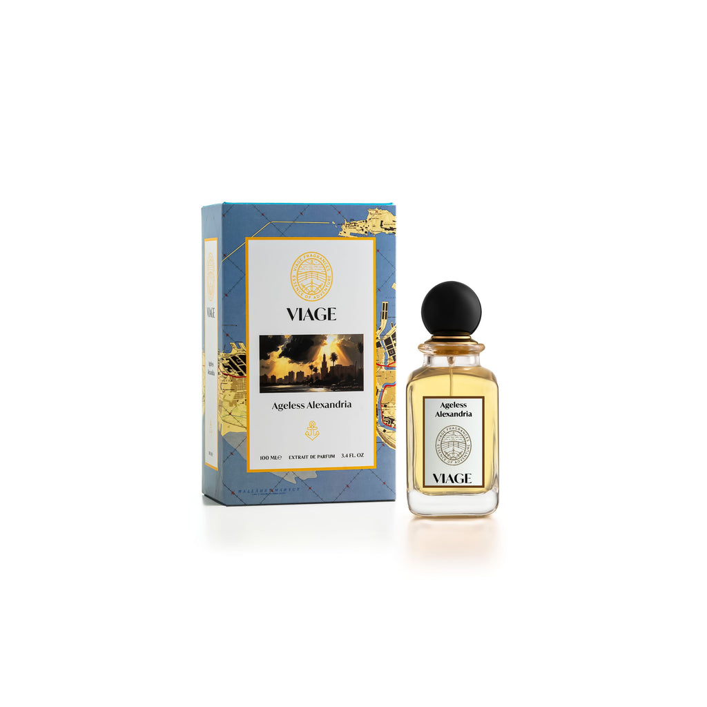 Viage Ageless Alexandria Extrait de Parfum 100 ml – Flakon neben blauer Geschenkbox mit goldener Stadtkarte und Abendhimmel-Motiv