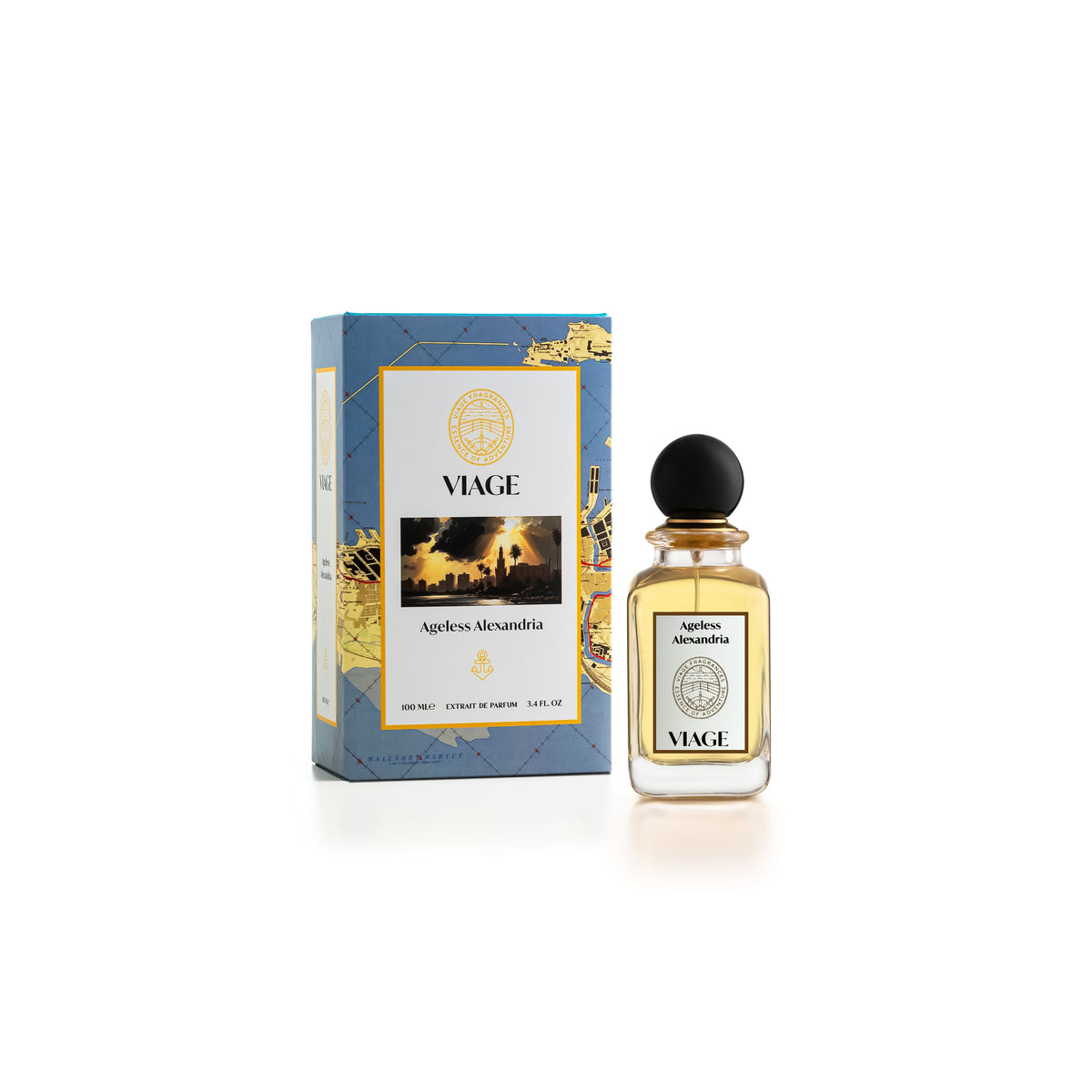 Viage Ageless Alexandria Extrait de Parfum 100 ml – Flakon neben blauer Geschenkbox mit goldener Stadtkarte und Abendhimmel-Motiv
