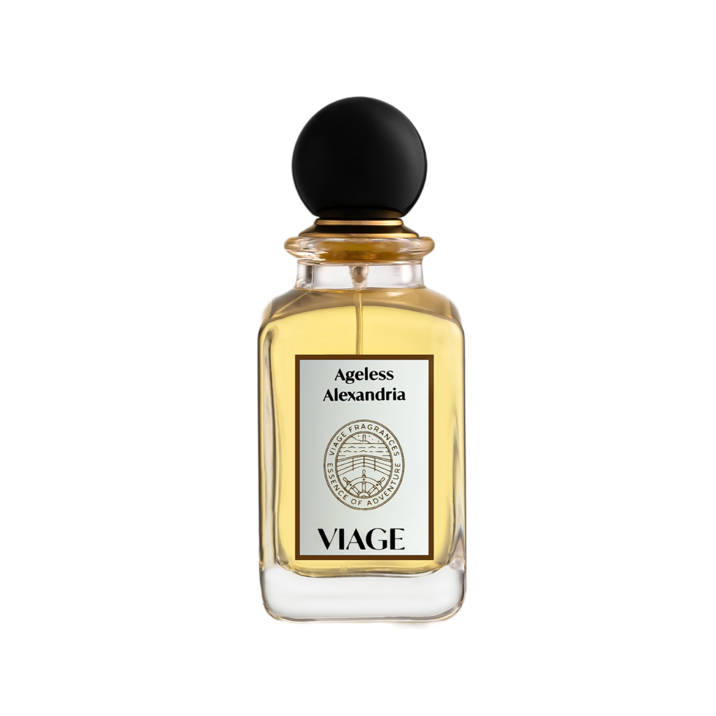 Viage Ageless Alexandria Extrait de Parfum 100 ml – Klarer Flakon, hellgoldener Duft, schwarze Kugelkappe, weisses Etikett, weisser Hintergrund