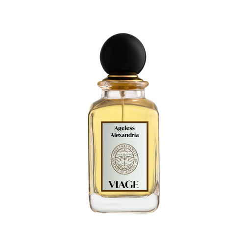 Viage Ageless Alexandria Extrait de Parfum 100 ml – Klarer Flakon, hellgoldener Duft, schwarze Kugelkappe, weisses Etikett, weisser Hintergrund