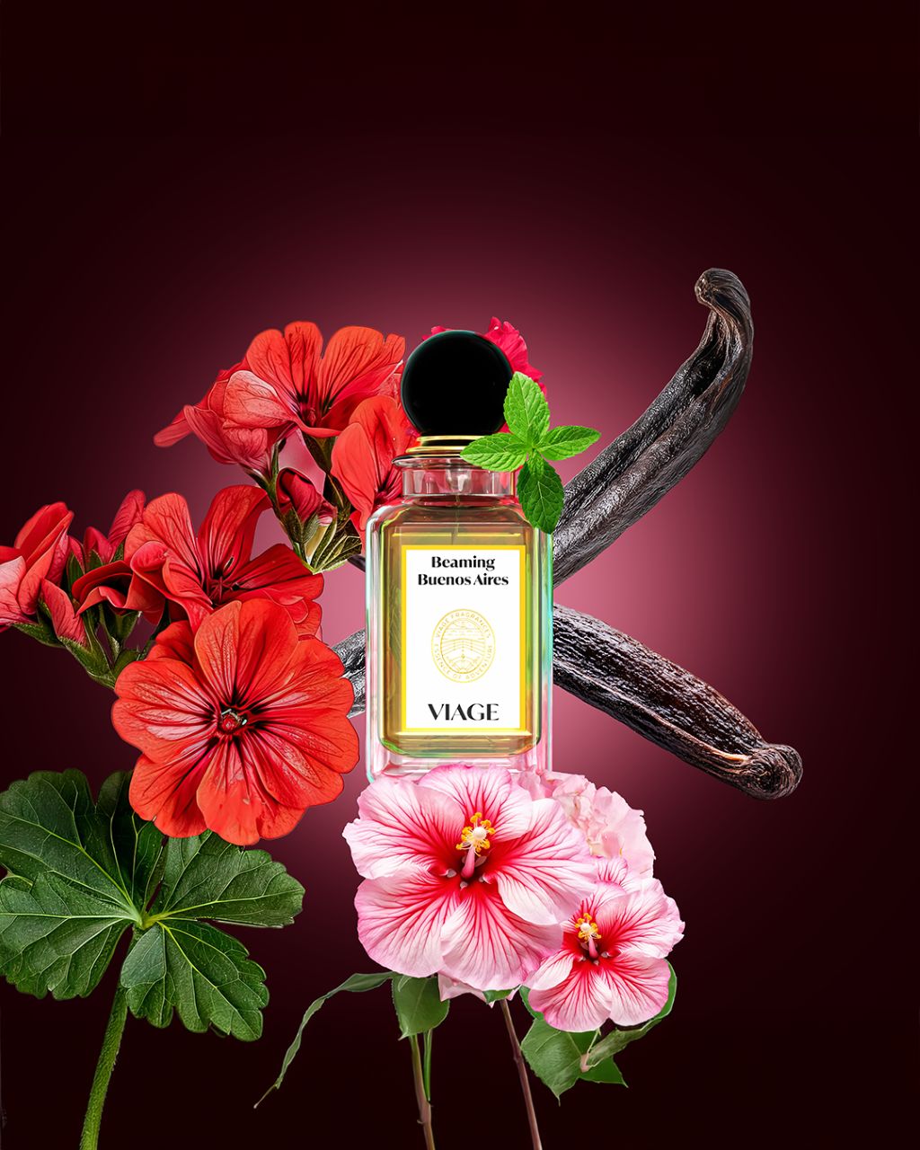 Viage Beaming Buenos Aires Extrait de Parfum 100 ml – Flakon zwischen roten Geranien, rosa Hibiskus und Vanilleschoten vor dunkelrotem Hintergrund